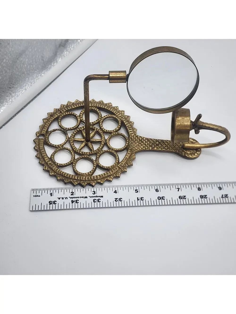 Pair of Brass Tone Wall Candle Sconces with Round Magnifying Glass Accent